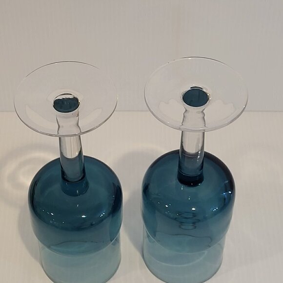 Pier 1 Goblet Blue Water 12 Oz Double Dip Mouth Blown MCM Style Wine Glass Pair - Picture 6 of 12